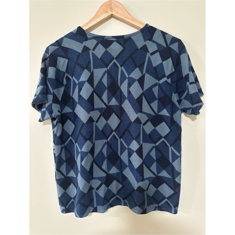 Vintage Geometric Mod Norton McNaughton Knit Top L Blue Short Sleeve Crewneck - Picture 3 of 3